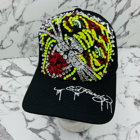 Ed Hardy Tiger BlackLime GreenRed Rhinestone Trucker Hat NWT